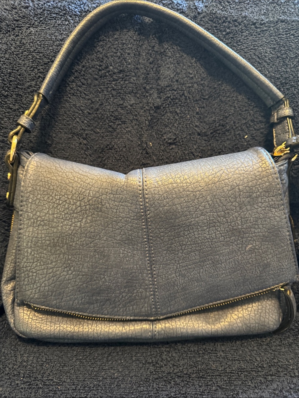 Navy Textured Leather Shoulder Bag - Unbranded
